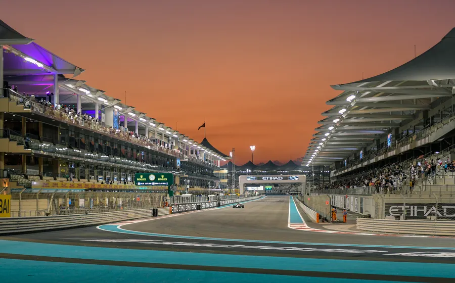Yas Marina Circuit grandstands at sunset