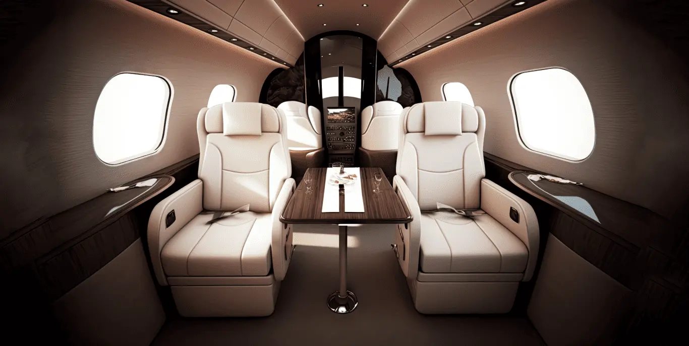 Quiet, light-filled private jet cabin